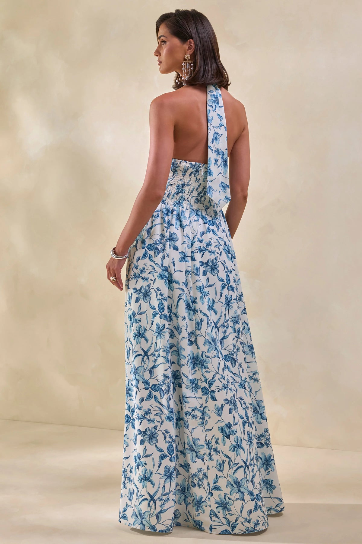 Liana | Blue Porcelain Print Halter-Neck Maxi Dress