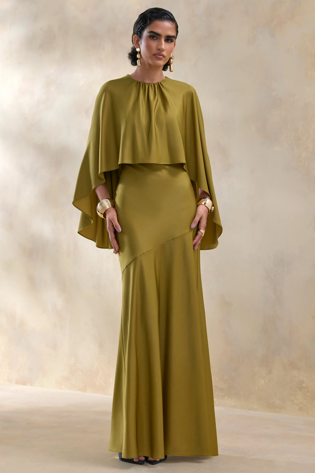 Vanthea | Olive Satin Round-Neck Maxi Dress With Cape-Sleeves