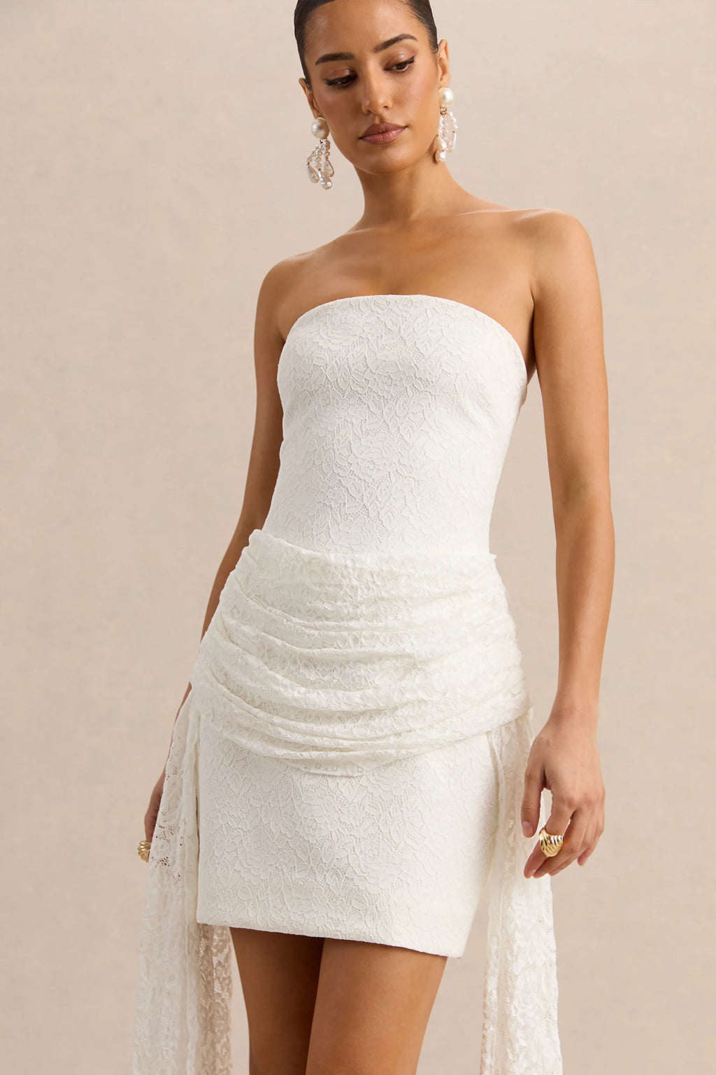 Sabrelle | White Bandeau-Neck Mini Dress With Draped-Detailing