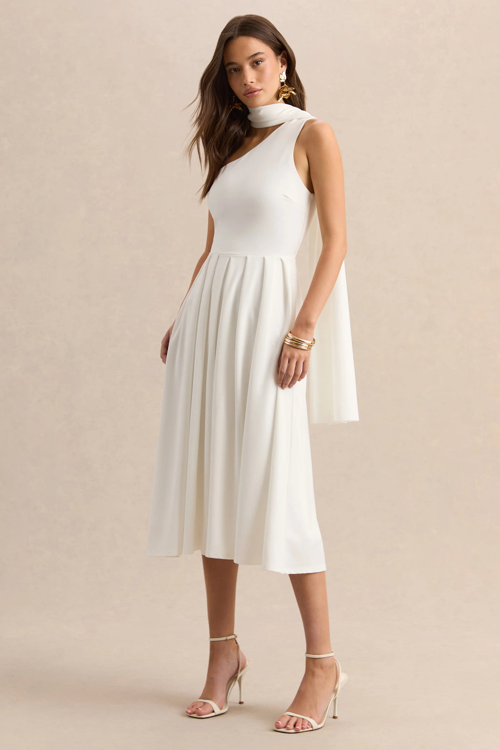 Odette | White Asymmetric-Neck Midi Dress With Scarf