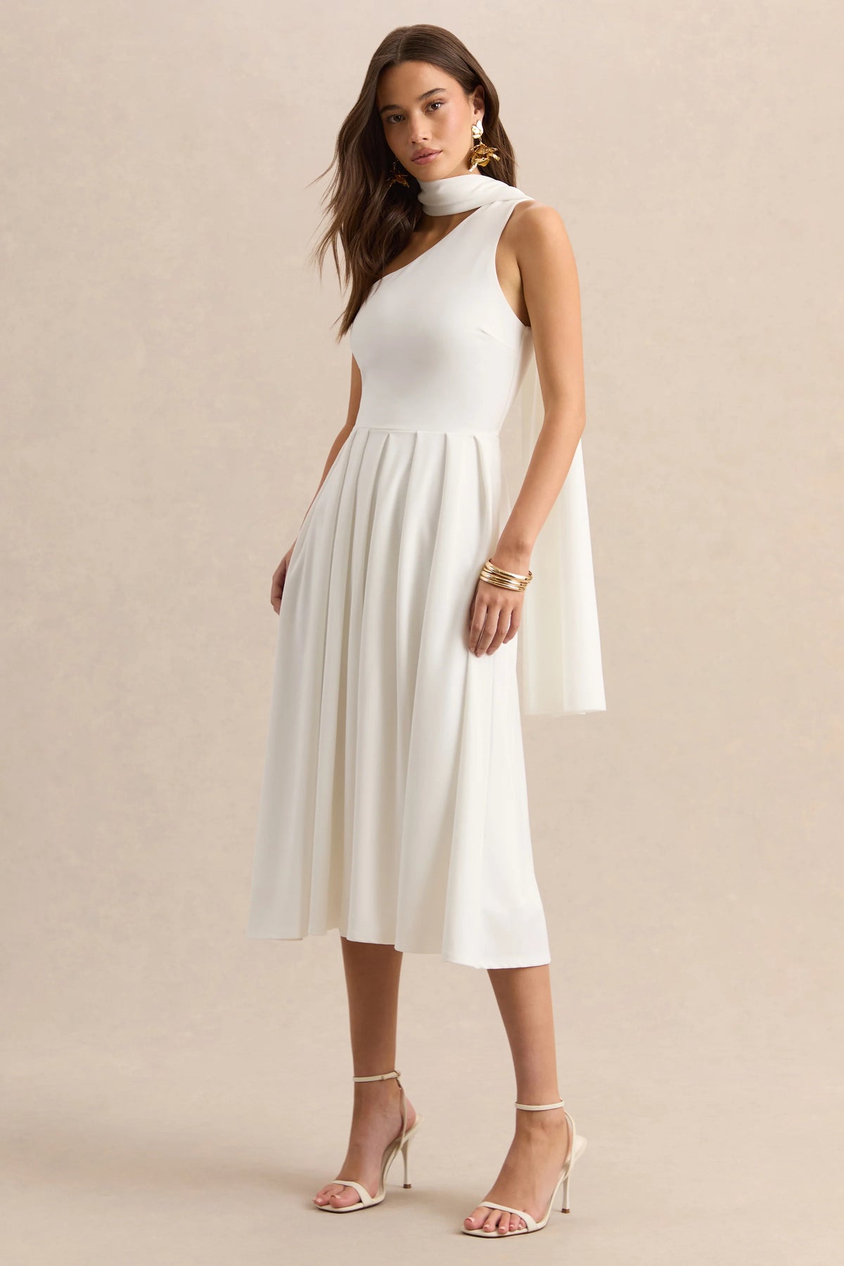 Odette | White Asymmetric-Neck Midi Dress With Scarf