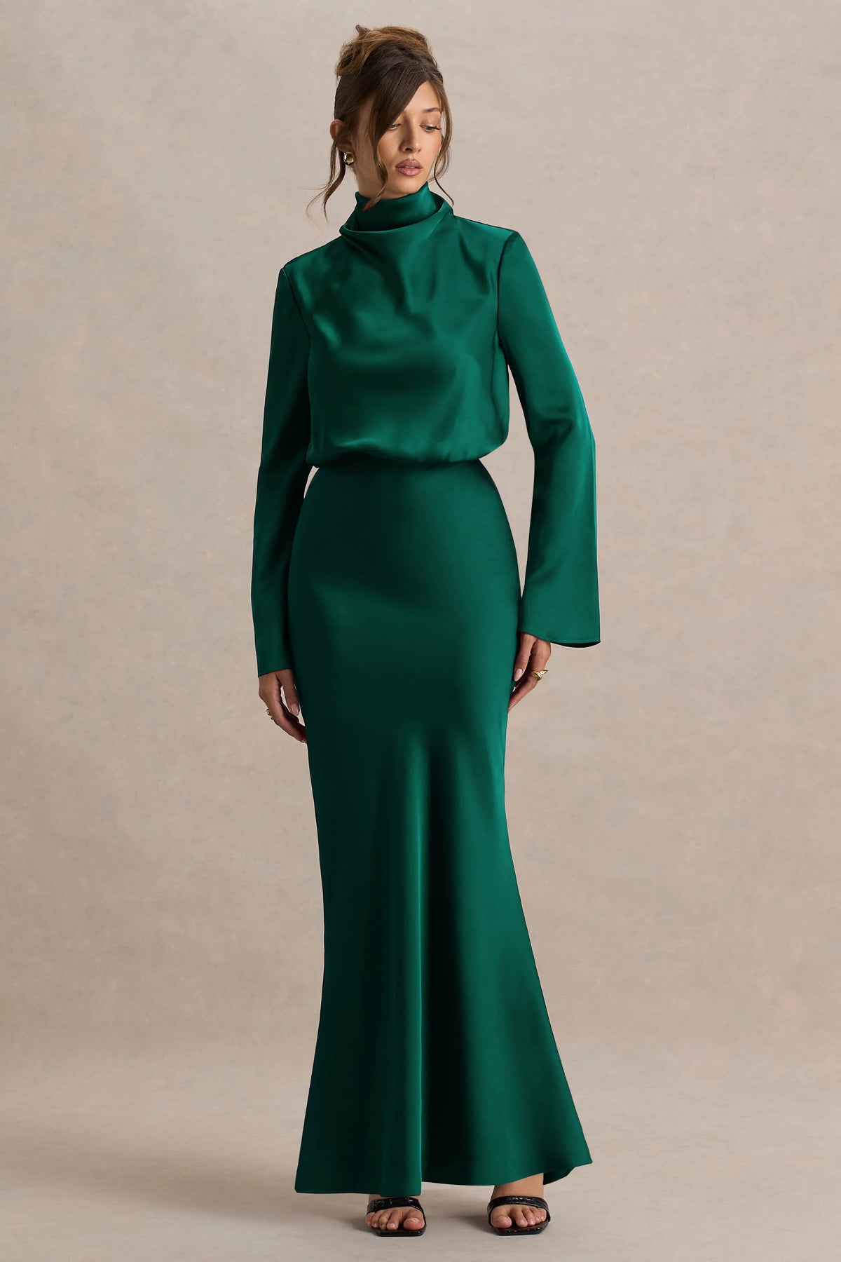 Celina | Bottle Green Satin High-Neck Maxi Dress