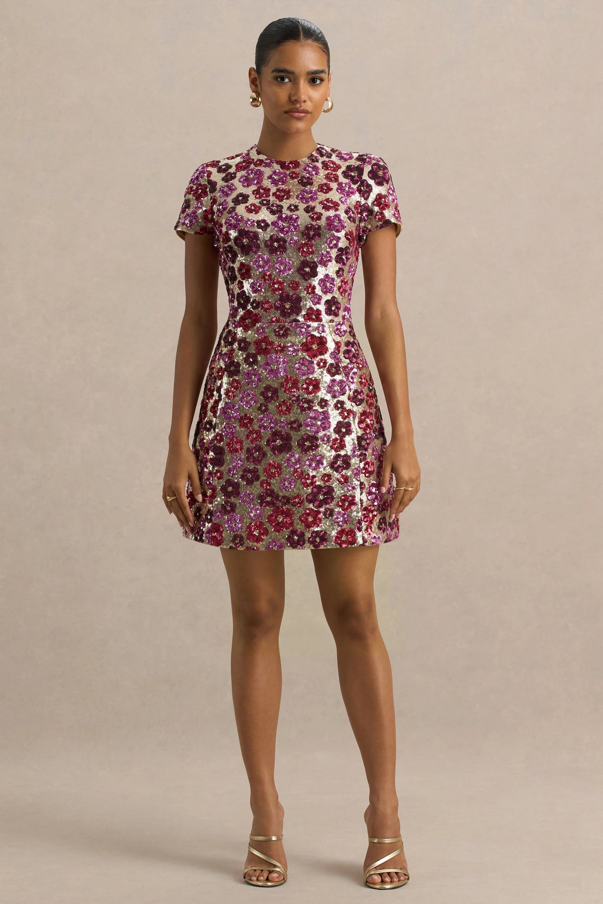 Eira | Pink Floral Embellished Sequin Crew-Neck Mini Dress