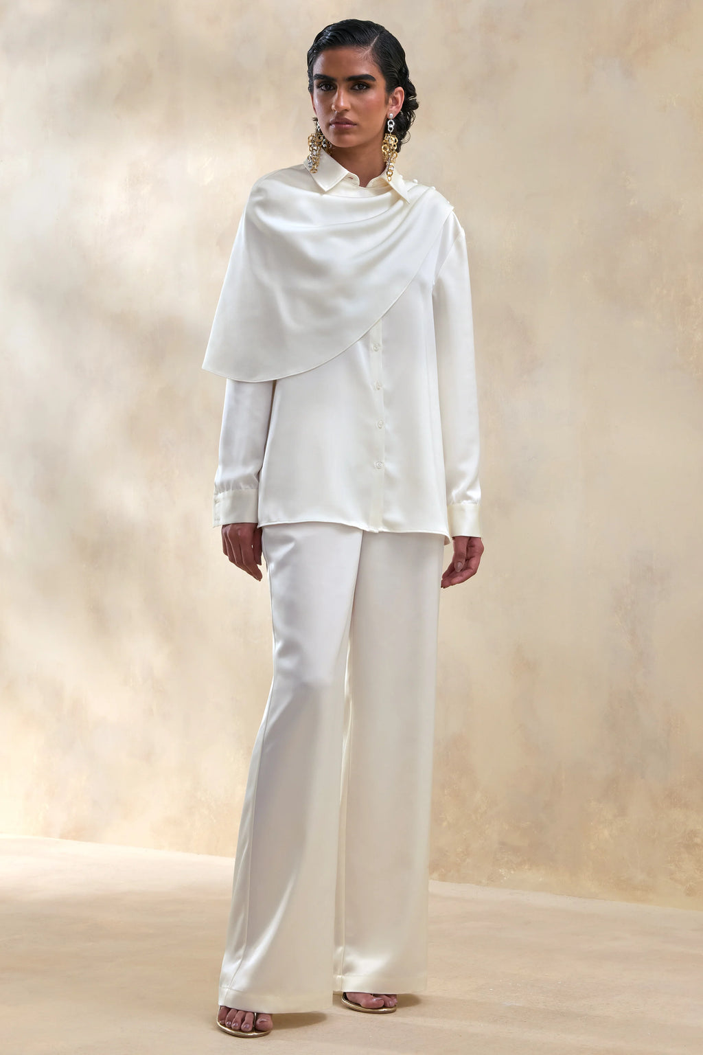 Ilena | Cream Satin Wide-Leg Trouser
