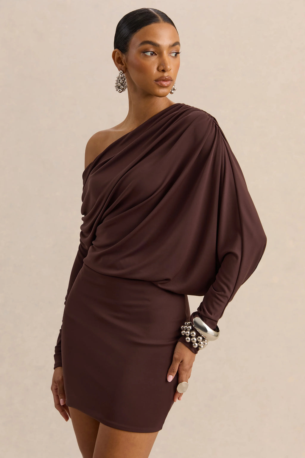 Inoria | Brown Asymmetric-Neck Mini Dress