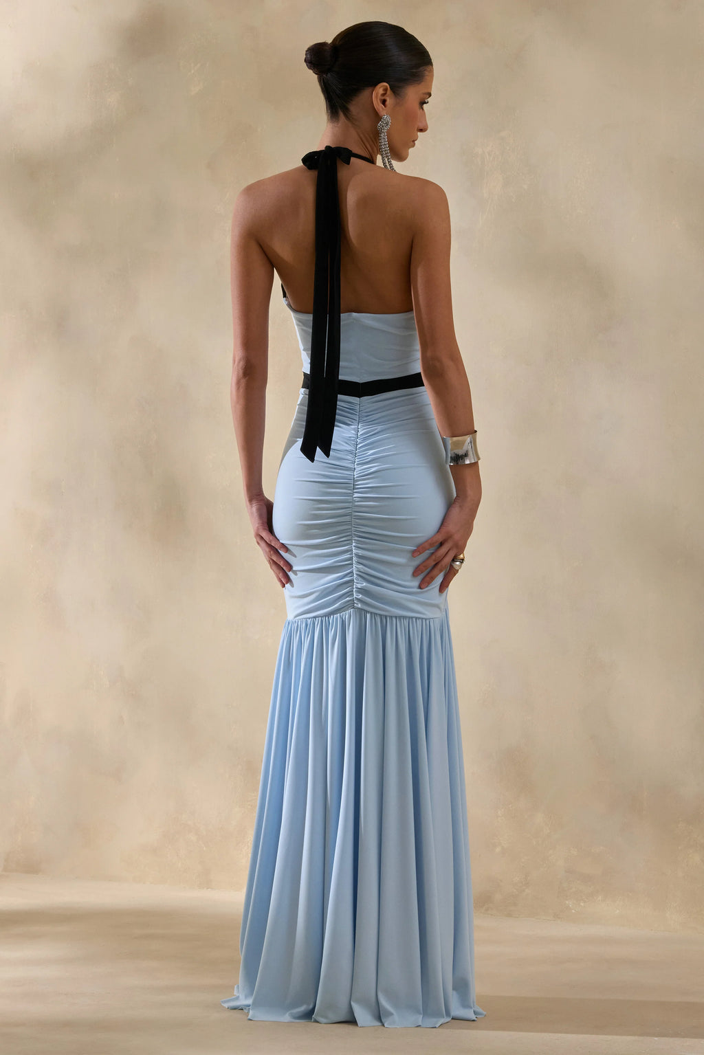 Cosmina | Powder Blue Plunge-Neck Maxi Dress With Bow-Detail