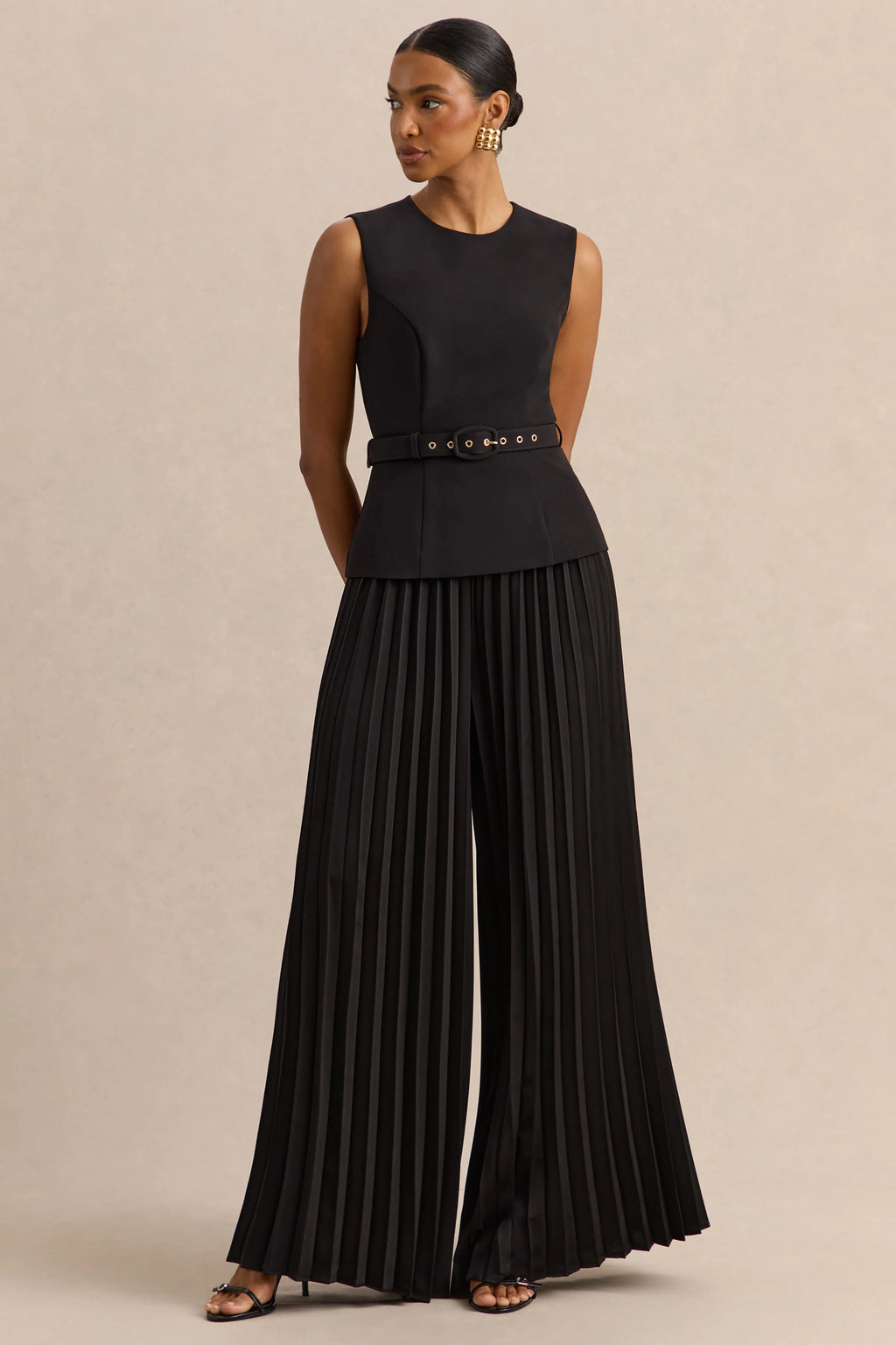 Lerenza | Black Satin Wide-Leg Pleated Trousers