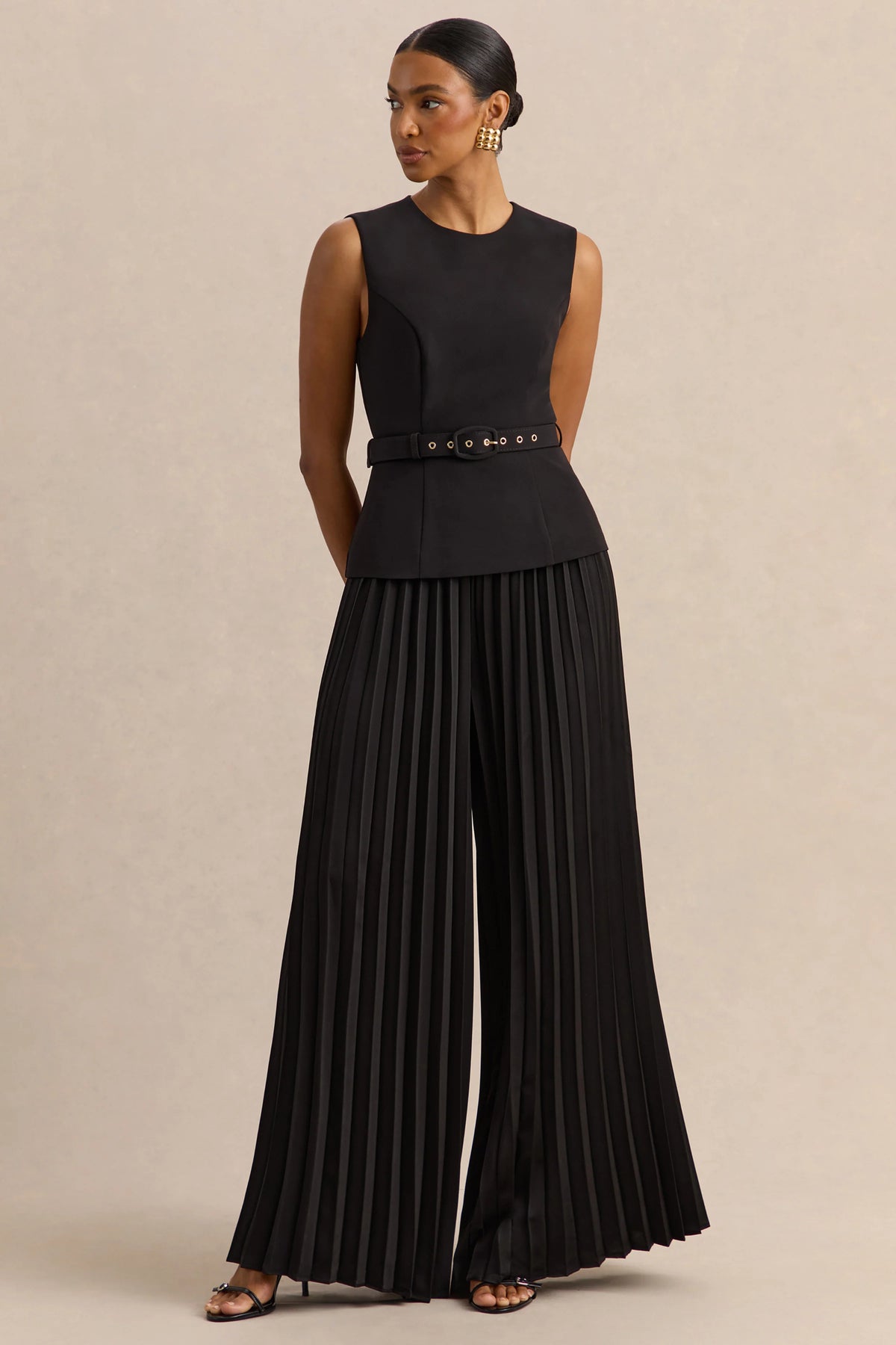 Lerenza | Black Satin Wide-Leg Pleated Trousers