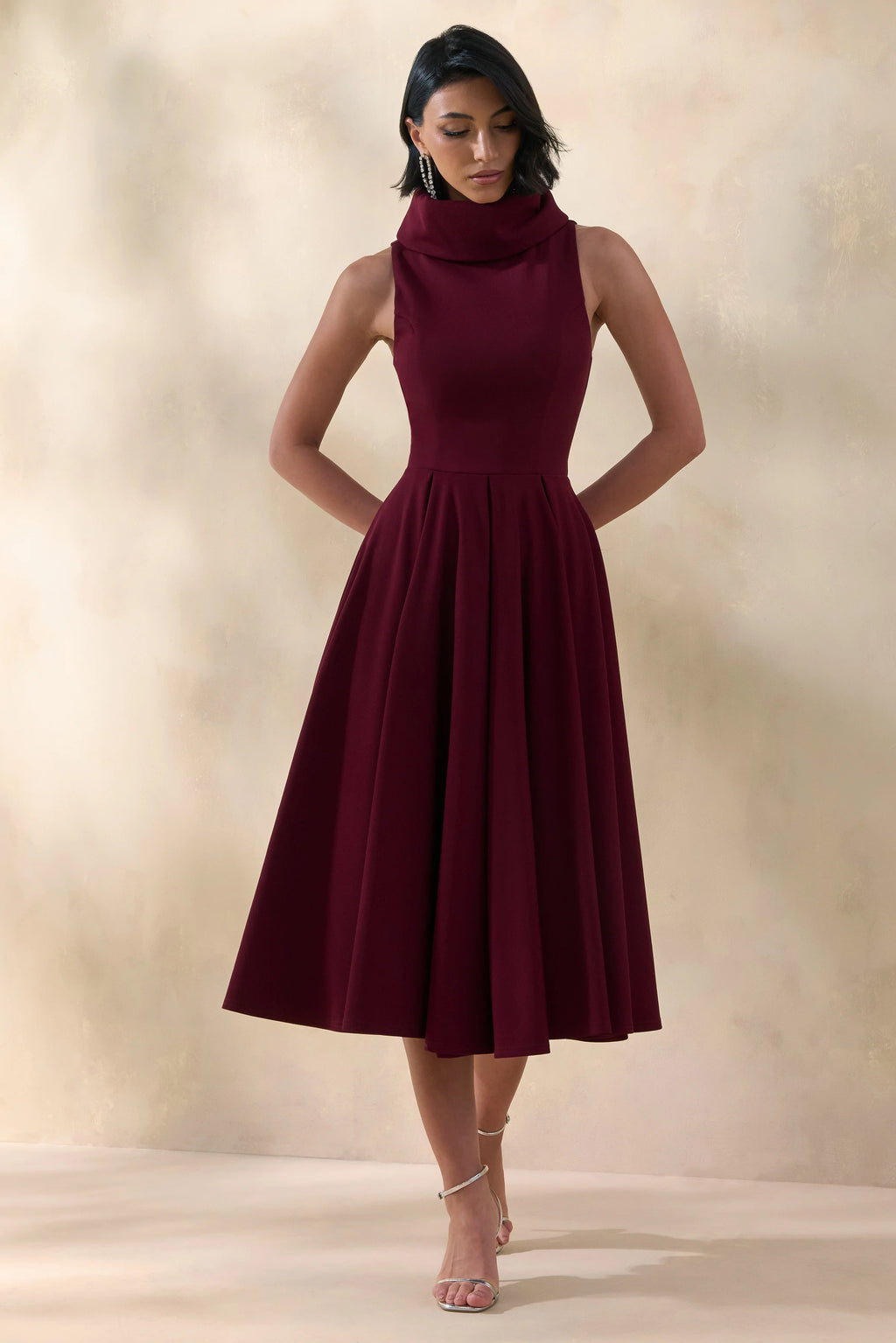 Exclusivity | Burgundy High-Neck Midi Dress