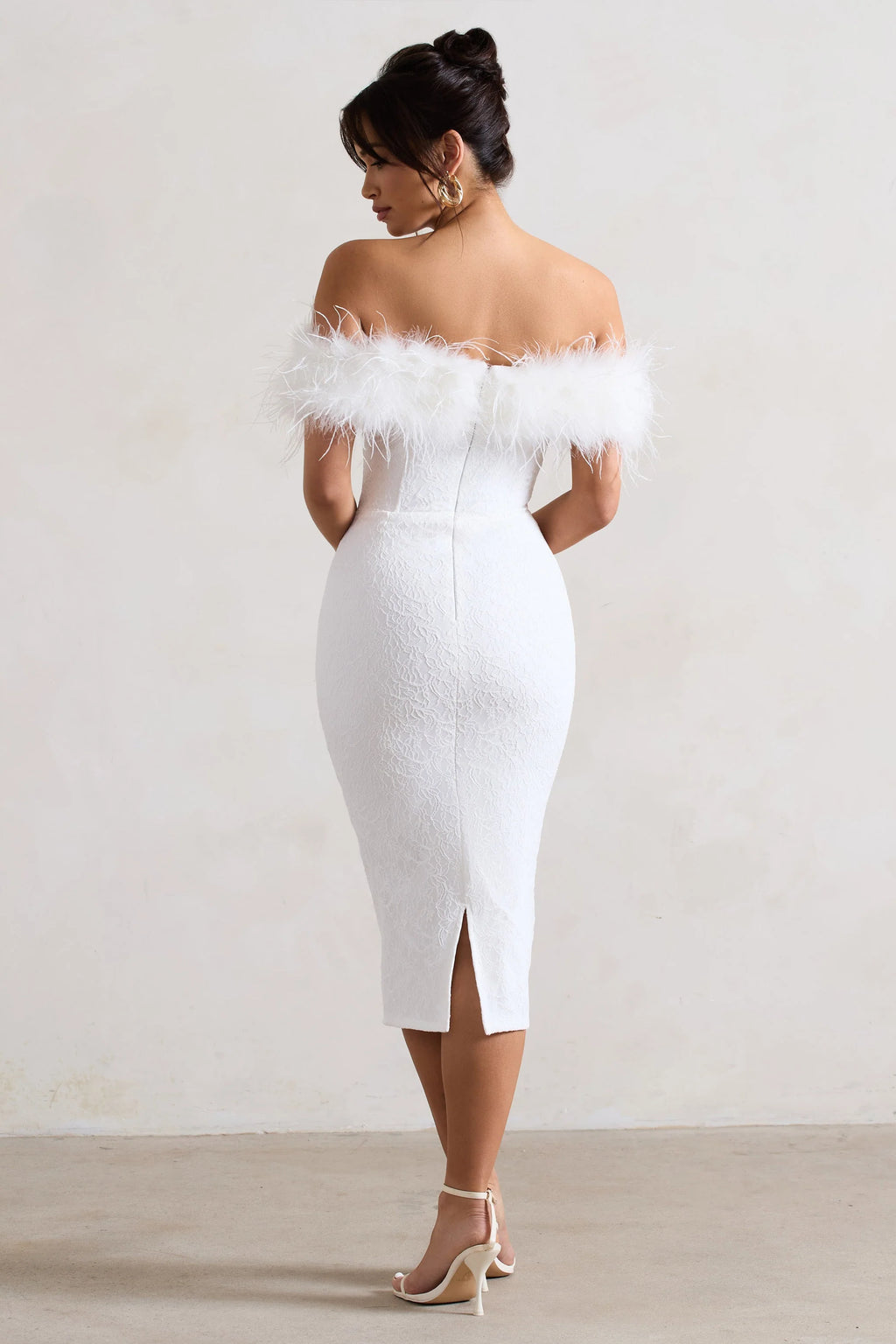 Maiden | White Lace Bardot Midi Dress With Feather Trim