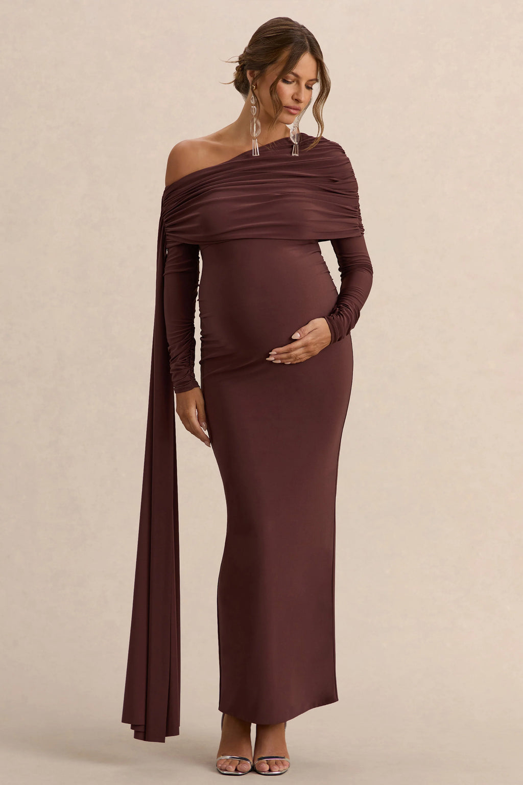 Cyra | Brown Asymmetric-Neck Maternity Maxi Dress With Sash