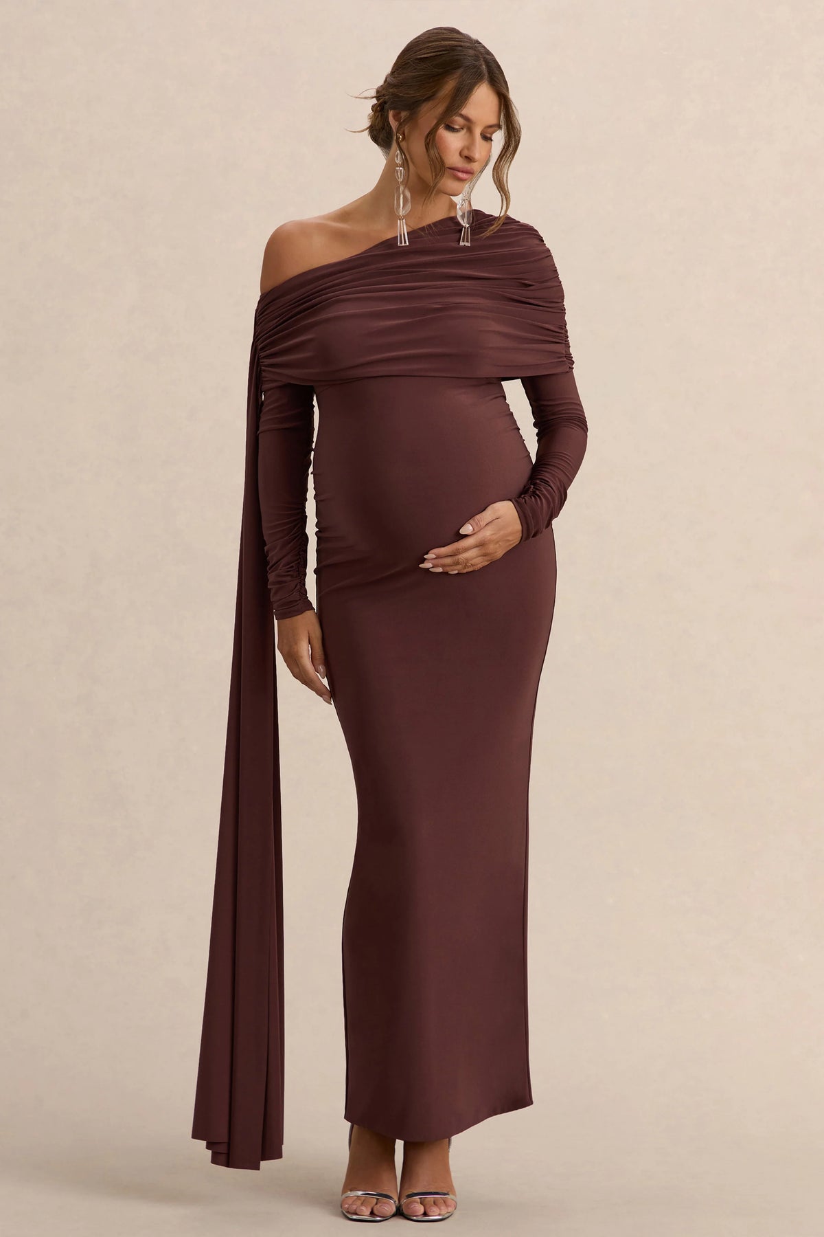 Cyra | Brown Asymmetric-Neck Maternity Maxi Dress With Sash