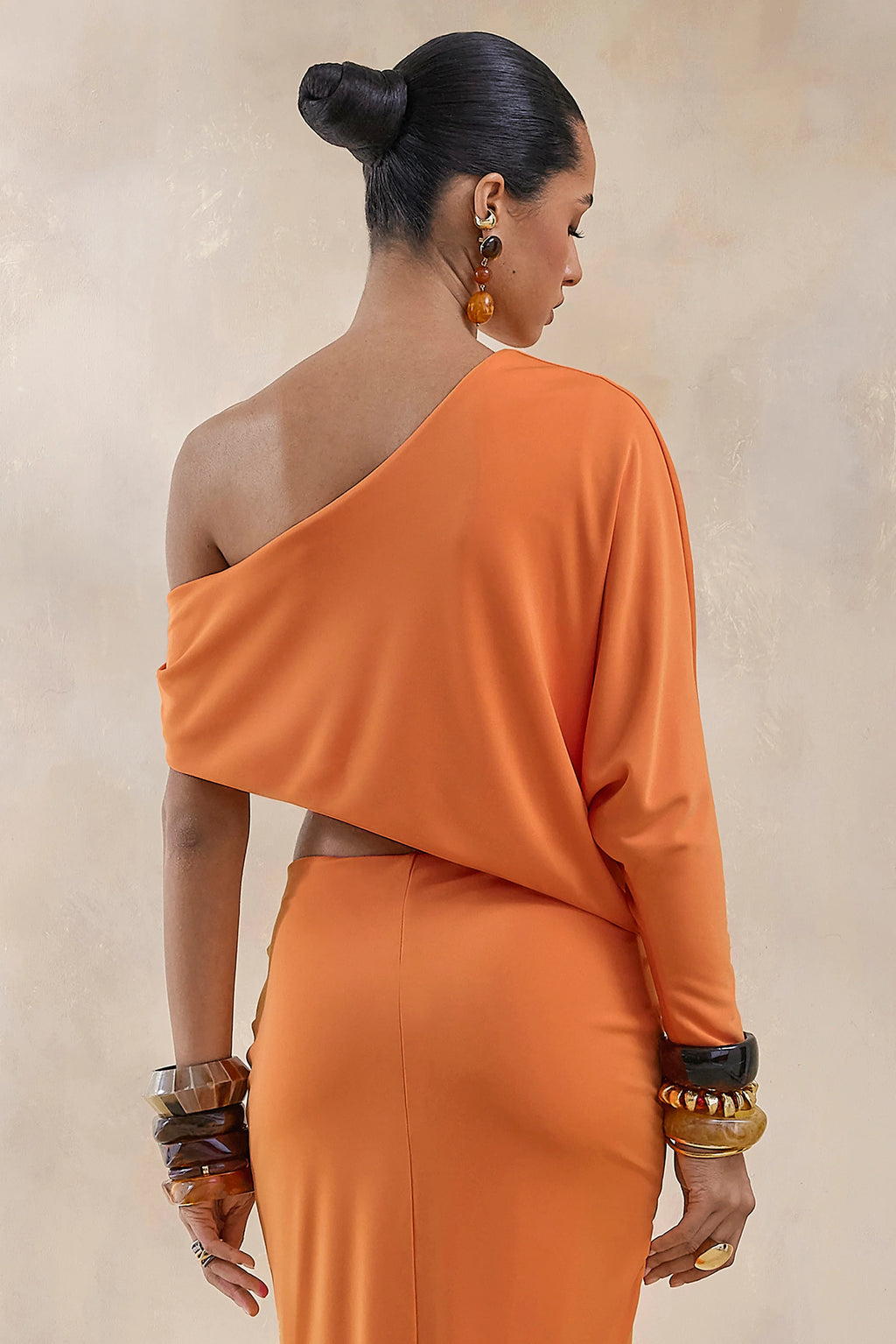 Dua | Orange Asymmetric One-Sleeve Draped Top
