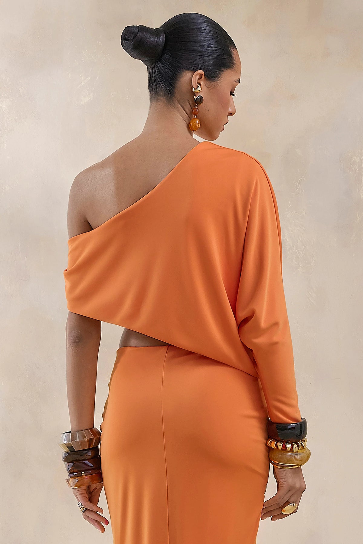 Dua | Orange Asymmetric One-Sleeve Draped Top