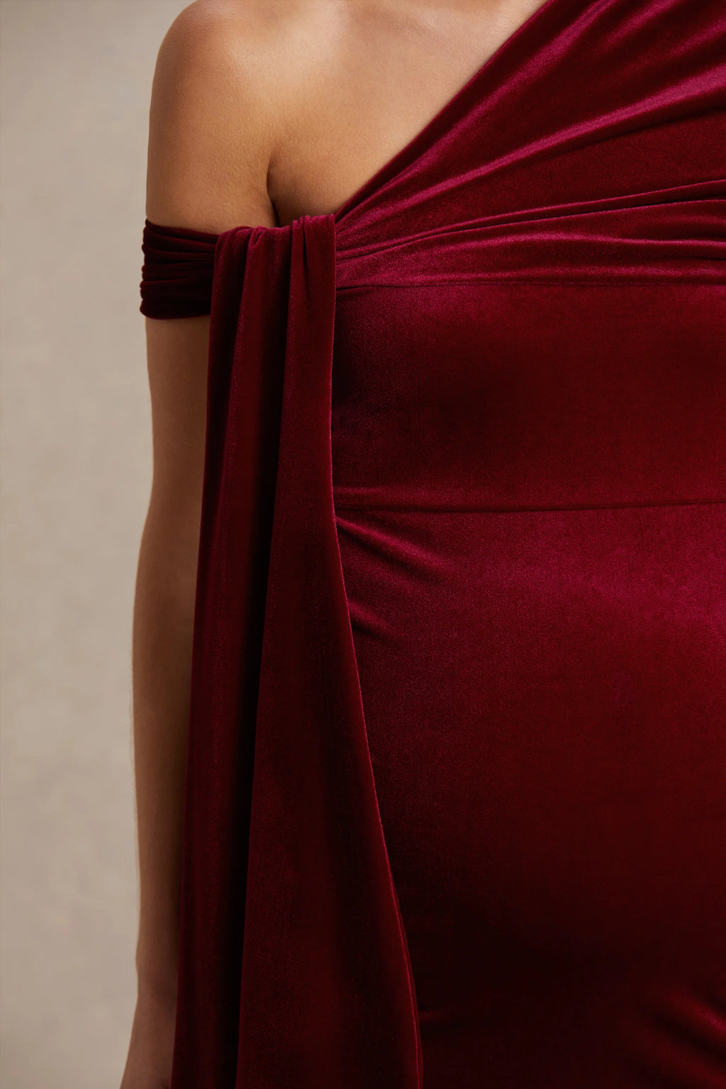 Zena | Burgundy Velvet Asymmetric-Neck Maternity Midi Dress With Knot And Sash Detail