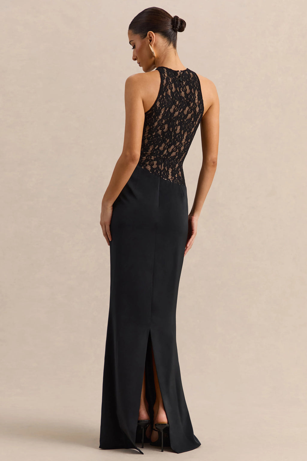 Anthelia | Black Lace And Satin Racer-Neck Maxi Dress With Draped-Detail