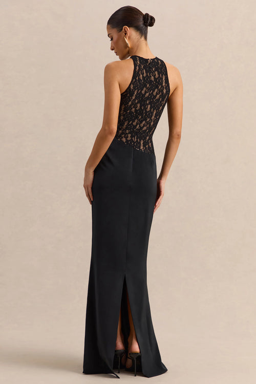 Anthelia | Black Lace And Satin Racer-Neck Maxi Dress With Draped-Detail