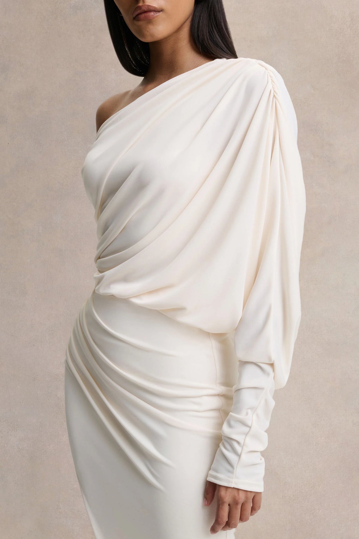 Olivia | Cream Asymmetric-Neck Maxi Dress With Ruched Detailing Asymmetric-Hem