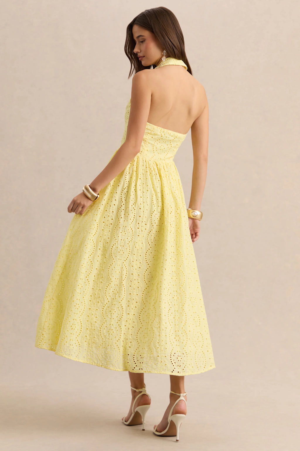 Jezebel | Yellow Lace Plunge-Neck Collared Midi Dress