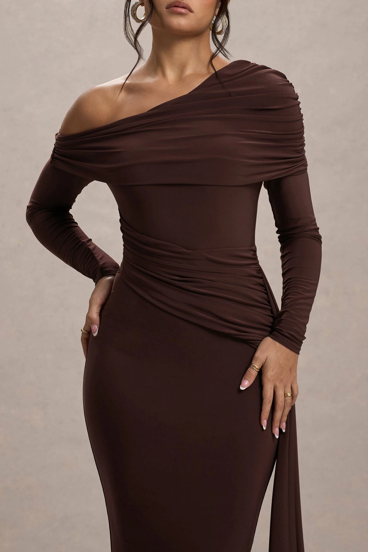 Valina | Brown Ruched Asymmetric Maxi Dress With Drape
