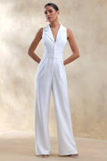 Brillora | White Plunge-Neck Tailored Jumpsuit