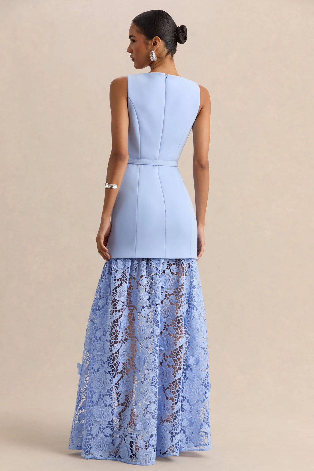 Verena | Powder Blue Boat-Neck Belted Maxi Dress With Lace Skirt