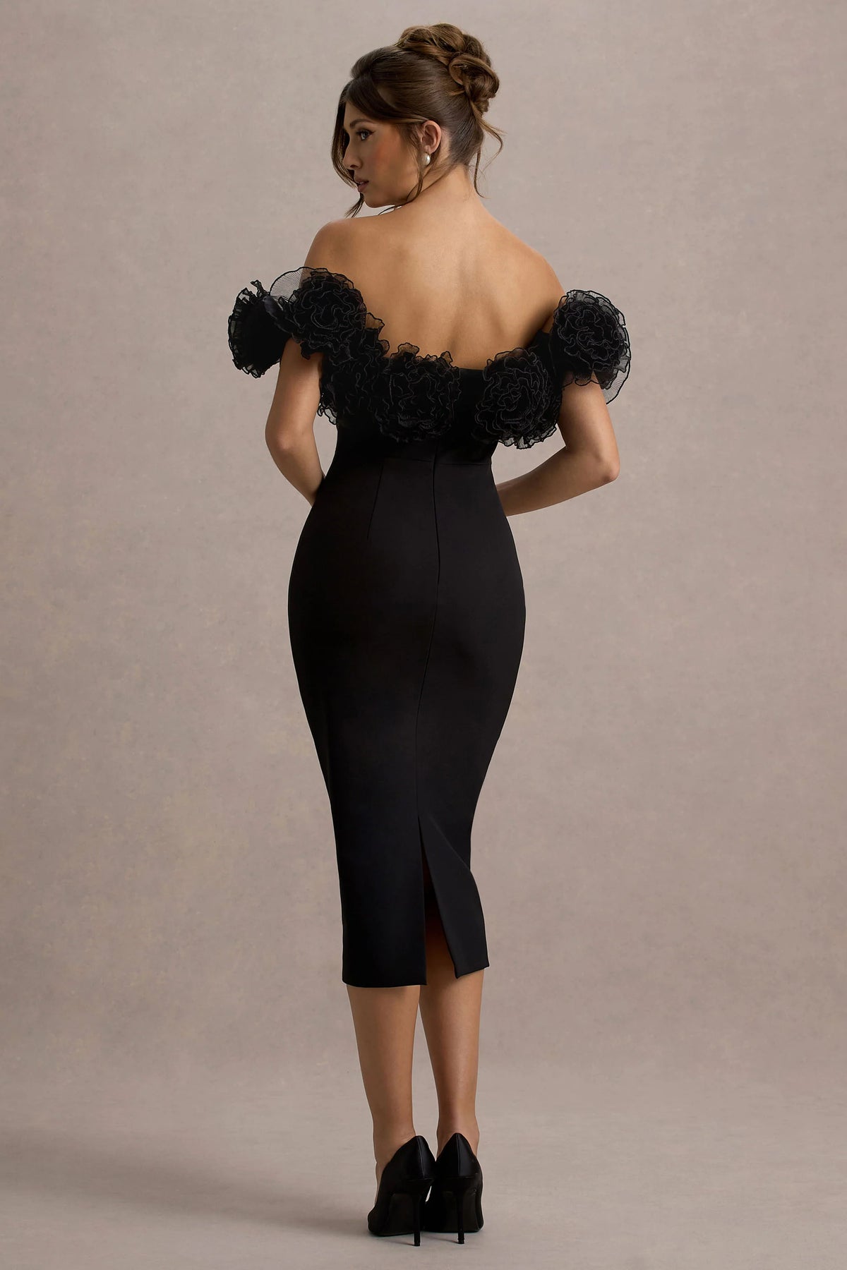 Alizzi | Black Bardot Midi Dress With Ruffle Trim