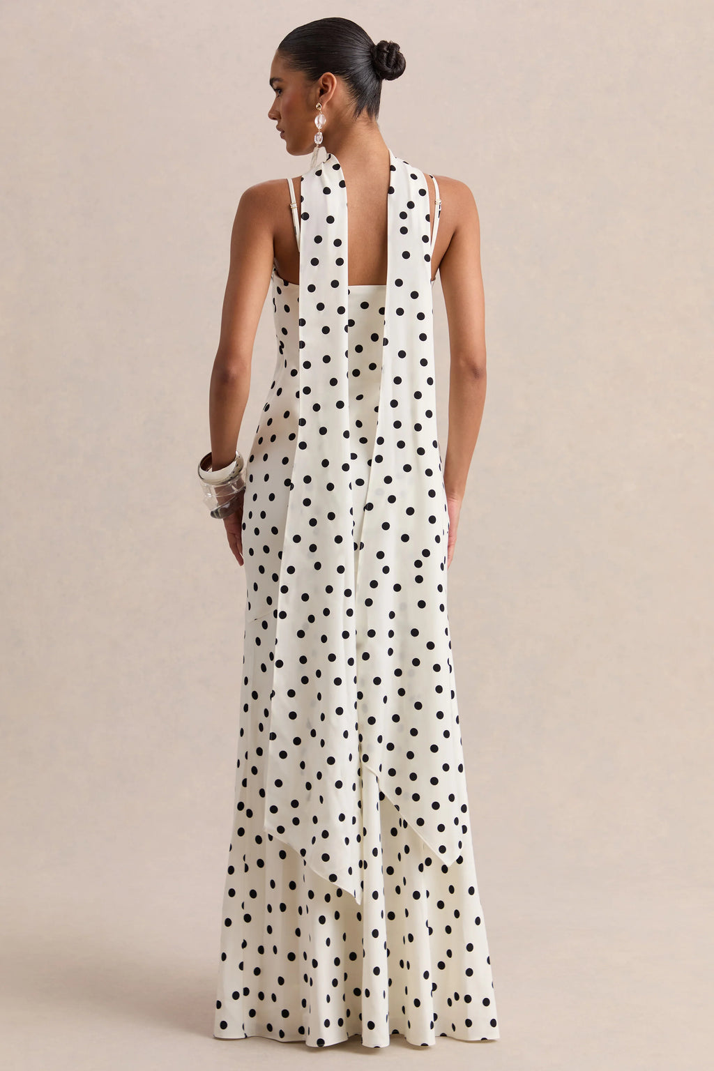 Starling | White & Black Polka Dot Matte Satin Plunge-Neck Maxi Dress With Scarf-Detail