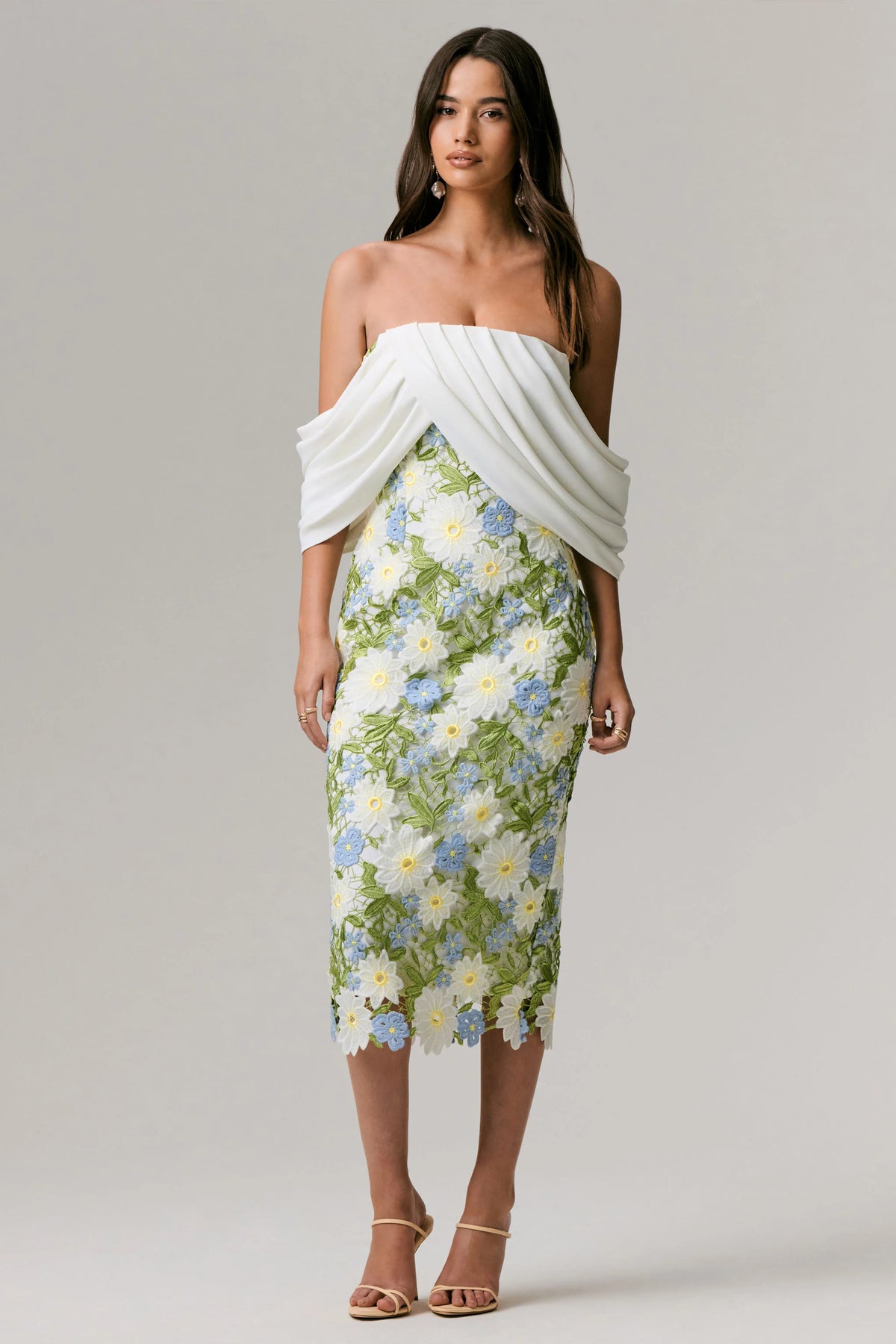 Entitled | Cream Floral Lace Bardot Midi Dress