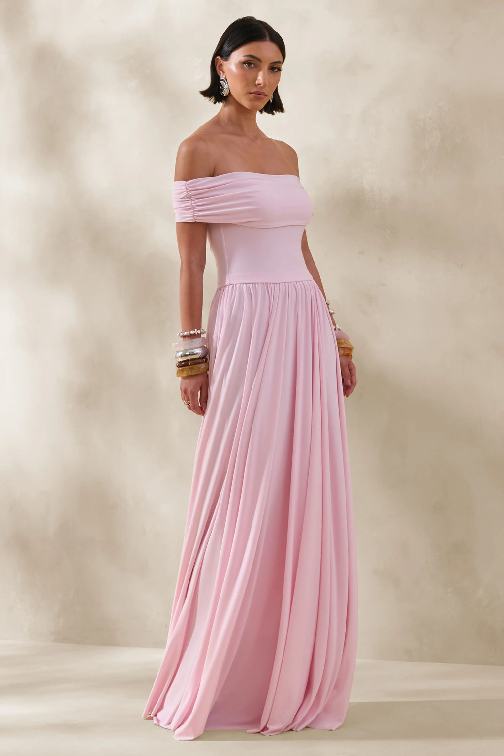 Cindie | Pink Bardot-Neck Maxi Dress