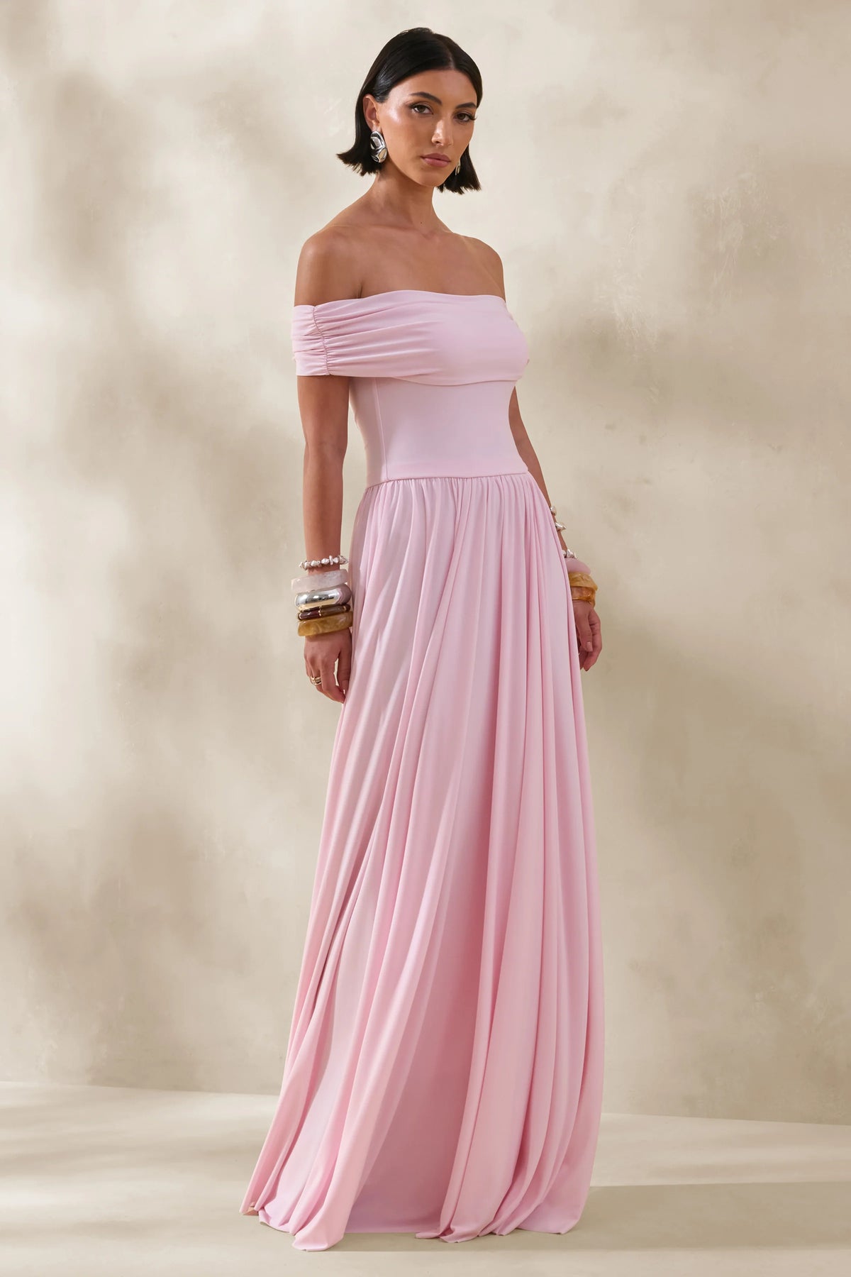 Cindie | Pink Bardot-Neck Maxi Dress