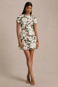 Ophelia | White And Green Embellished Sequin Floral And Mesh Mini Dress With Short Sleeves