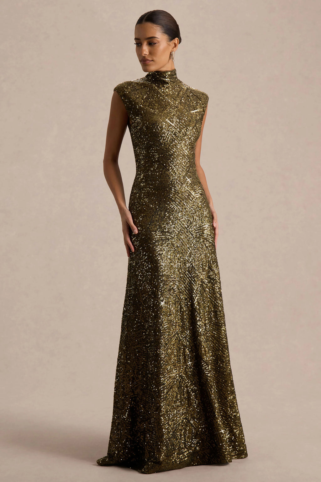 Cecy | Khaki Sequin High-Neck Maxi Dress With Cap Sleeves