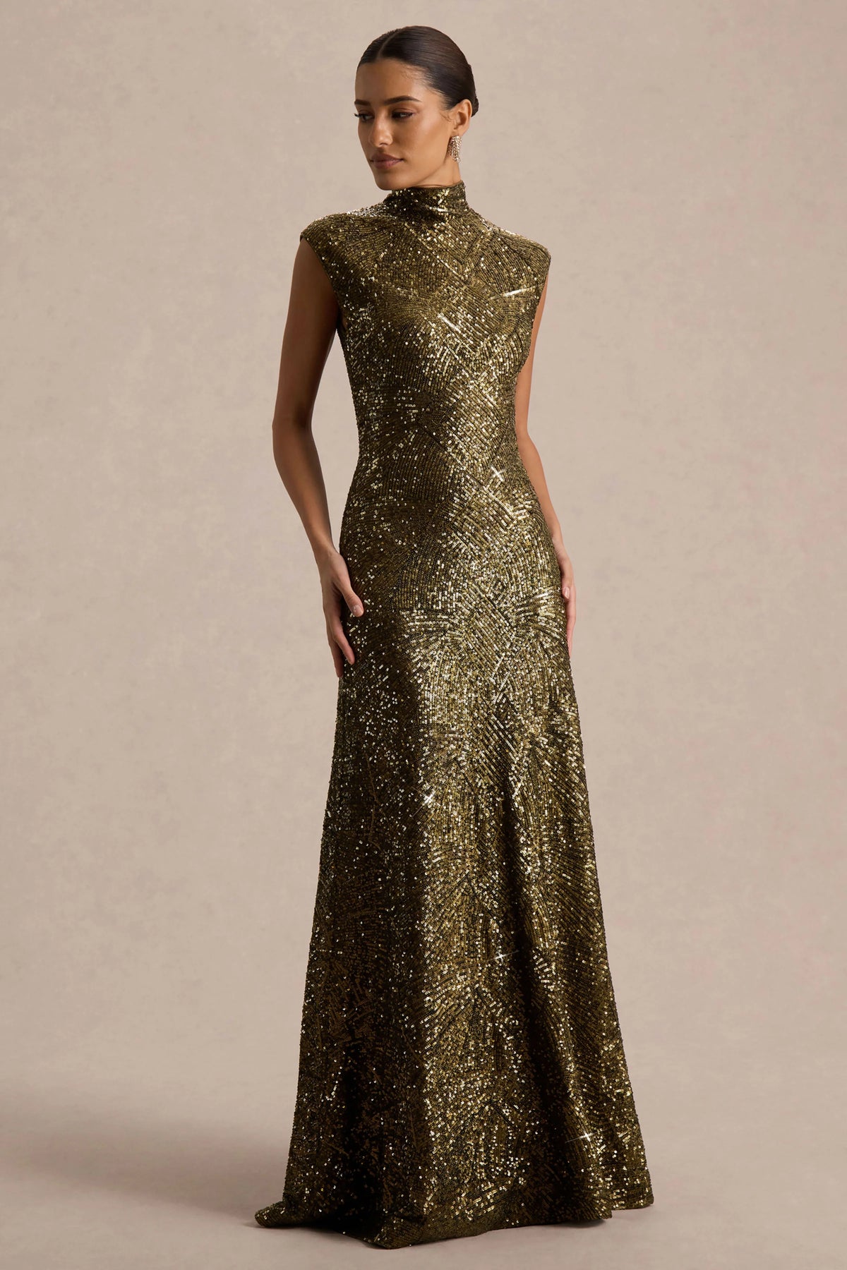 Cecy | Khaki Sequin High-Neck Maxi Dress With Cap Sleeves