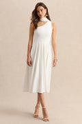 Odette | White Asymmetric-Neck Midi Dress With Scarf
