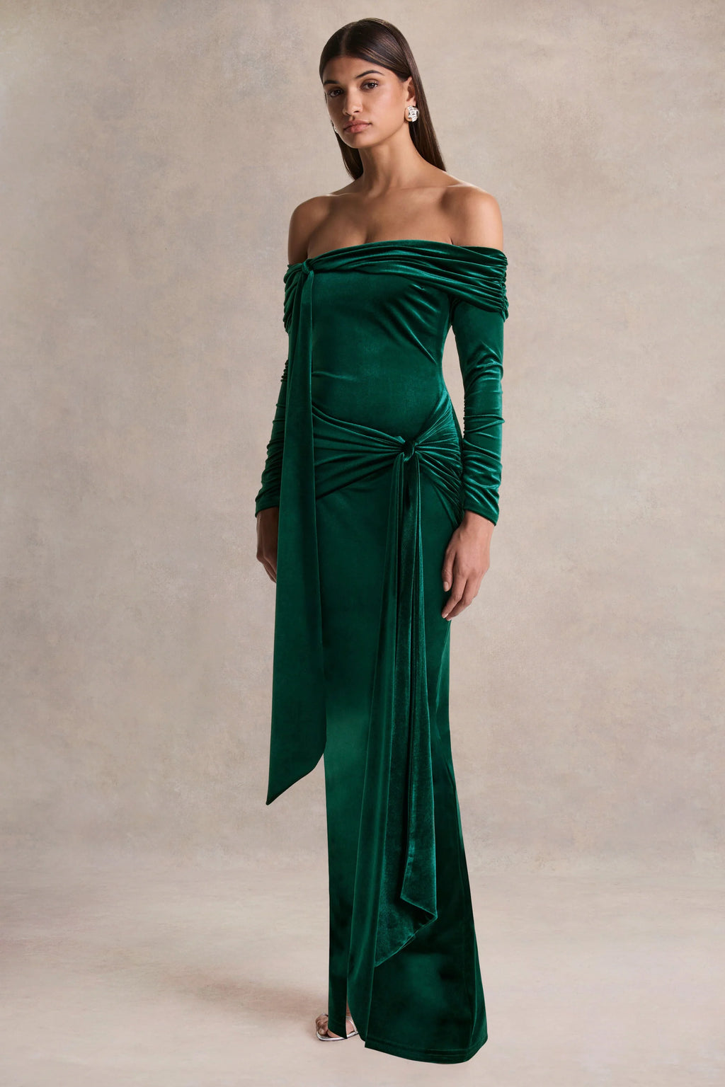 Jessara | Bottle Green Bardot-Neck Maxi Dress With Knot-Details