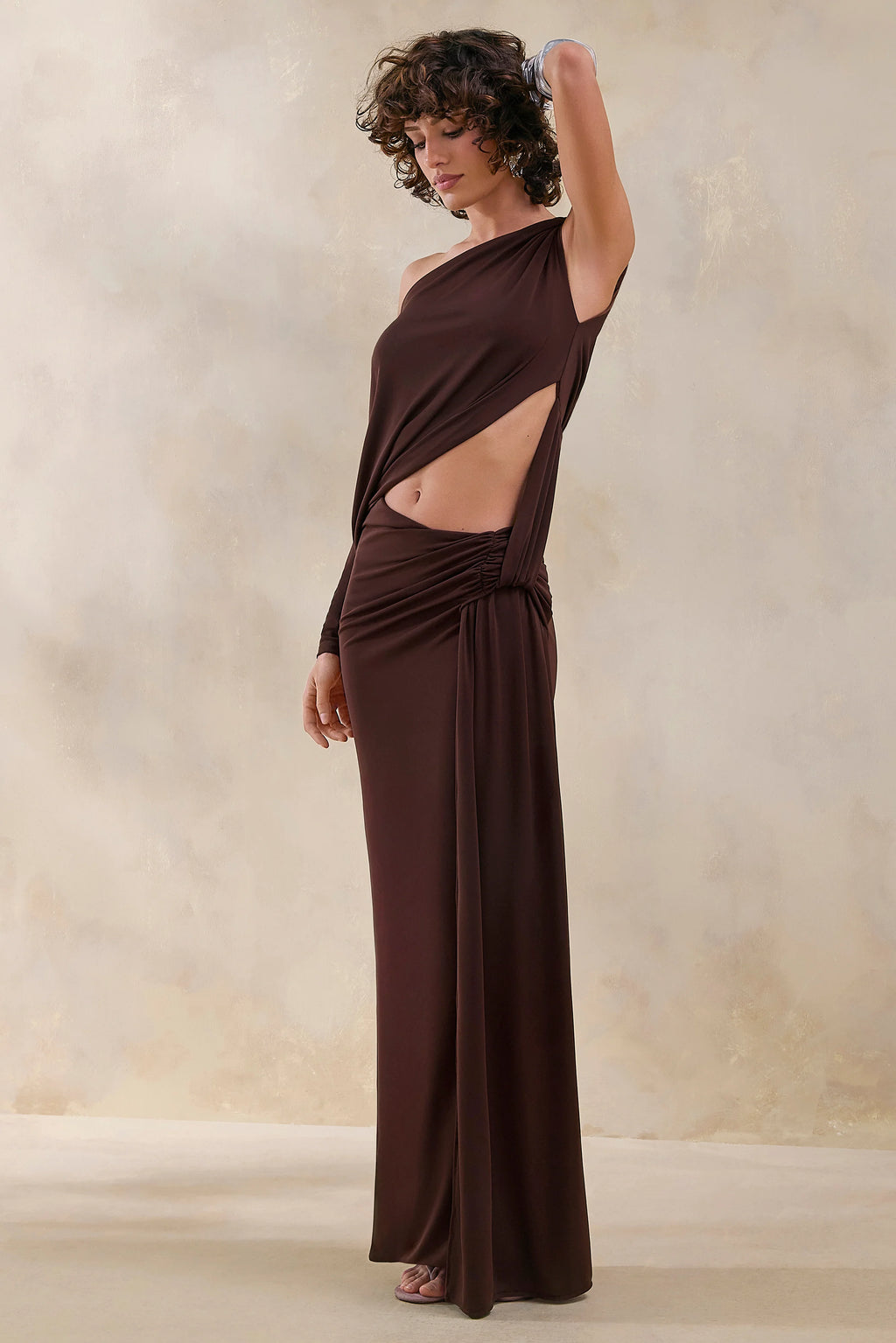 Layla | Brown Asymmetric-Neck Wrap Maxi Dress With Body Cut-Out And Ruched Detailing