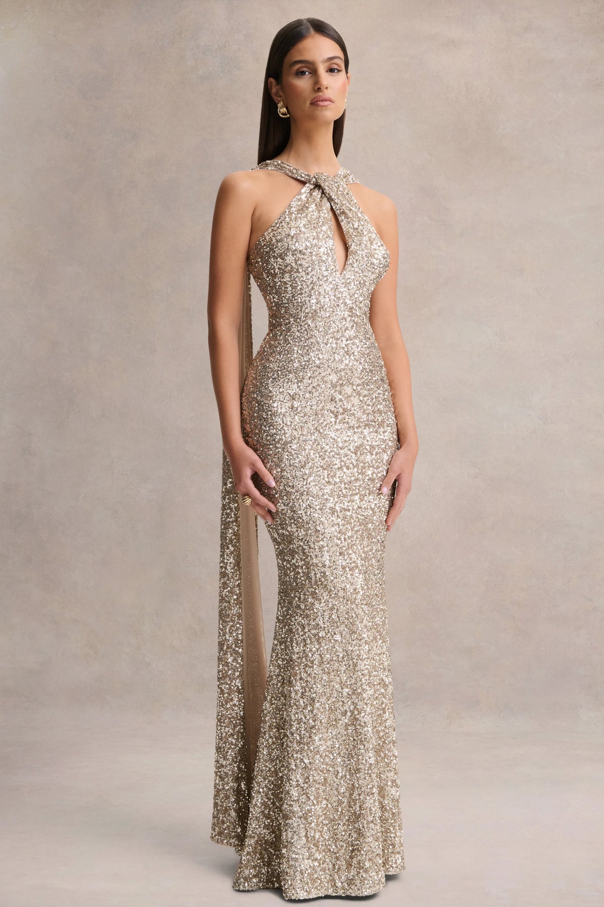 Renelle | Gold Sequin Halter-Neck Maxi Dress