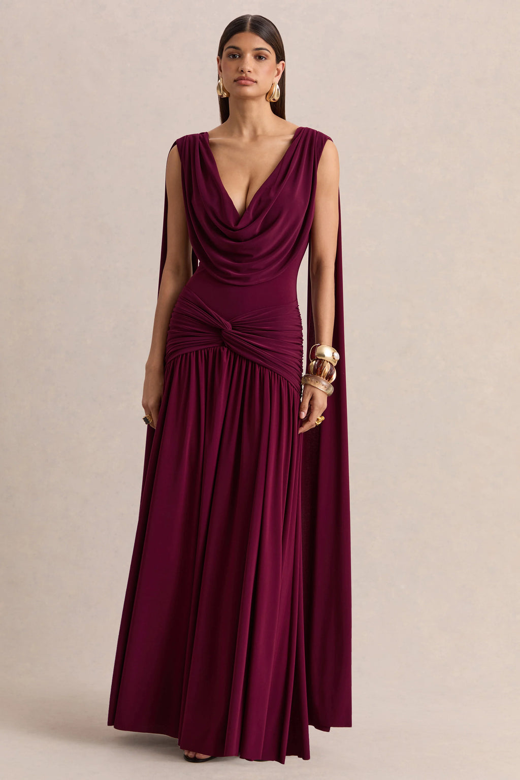 Amelisse | Burgundy Plunge-Neck Maxi Dress With Ruched-Detailing