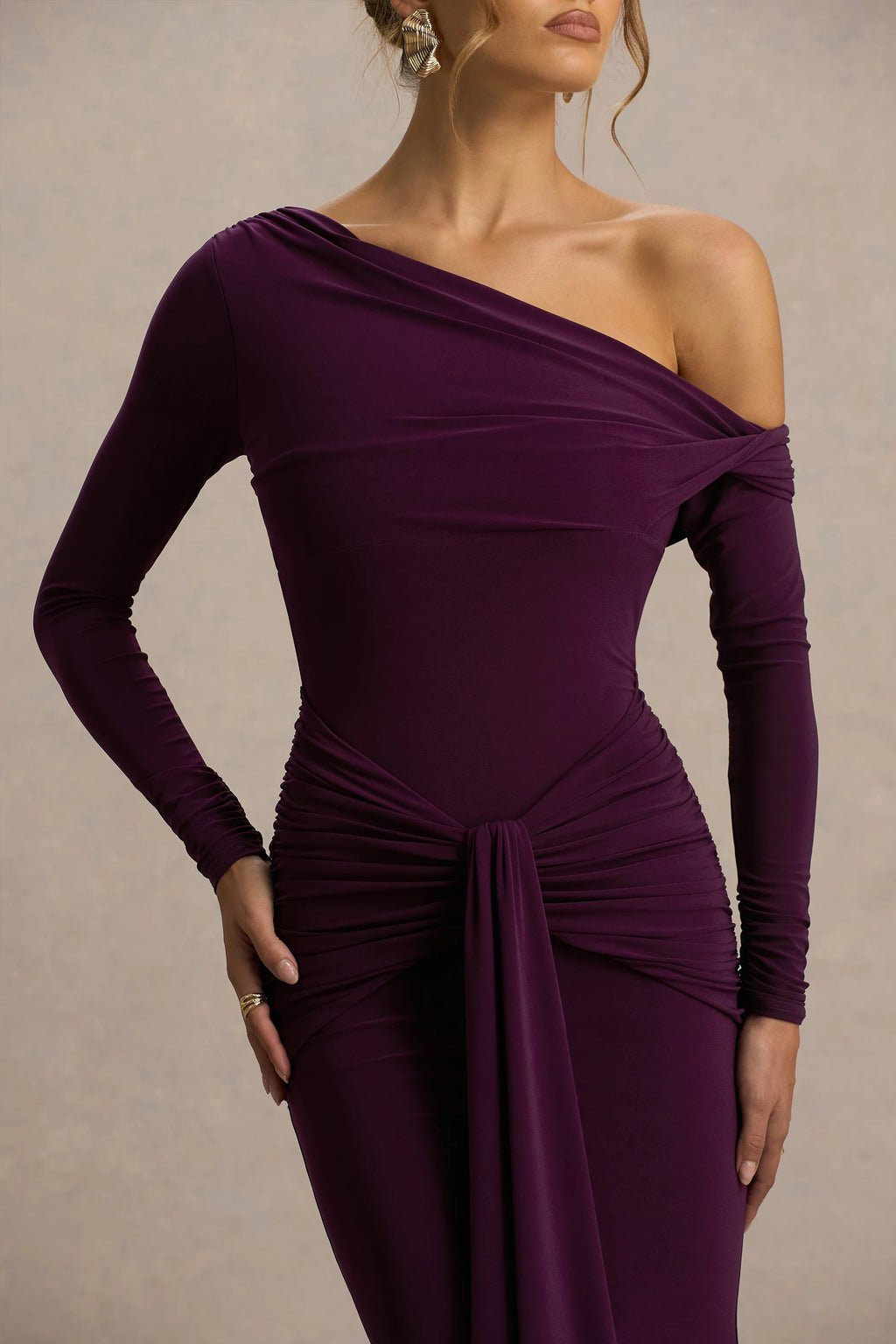 Clover | Burgundy Asymmetric-Neck Wrapped Maxi Dress With Sash