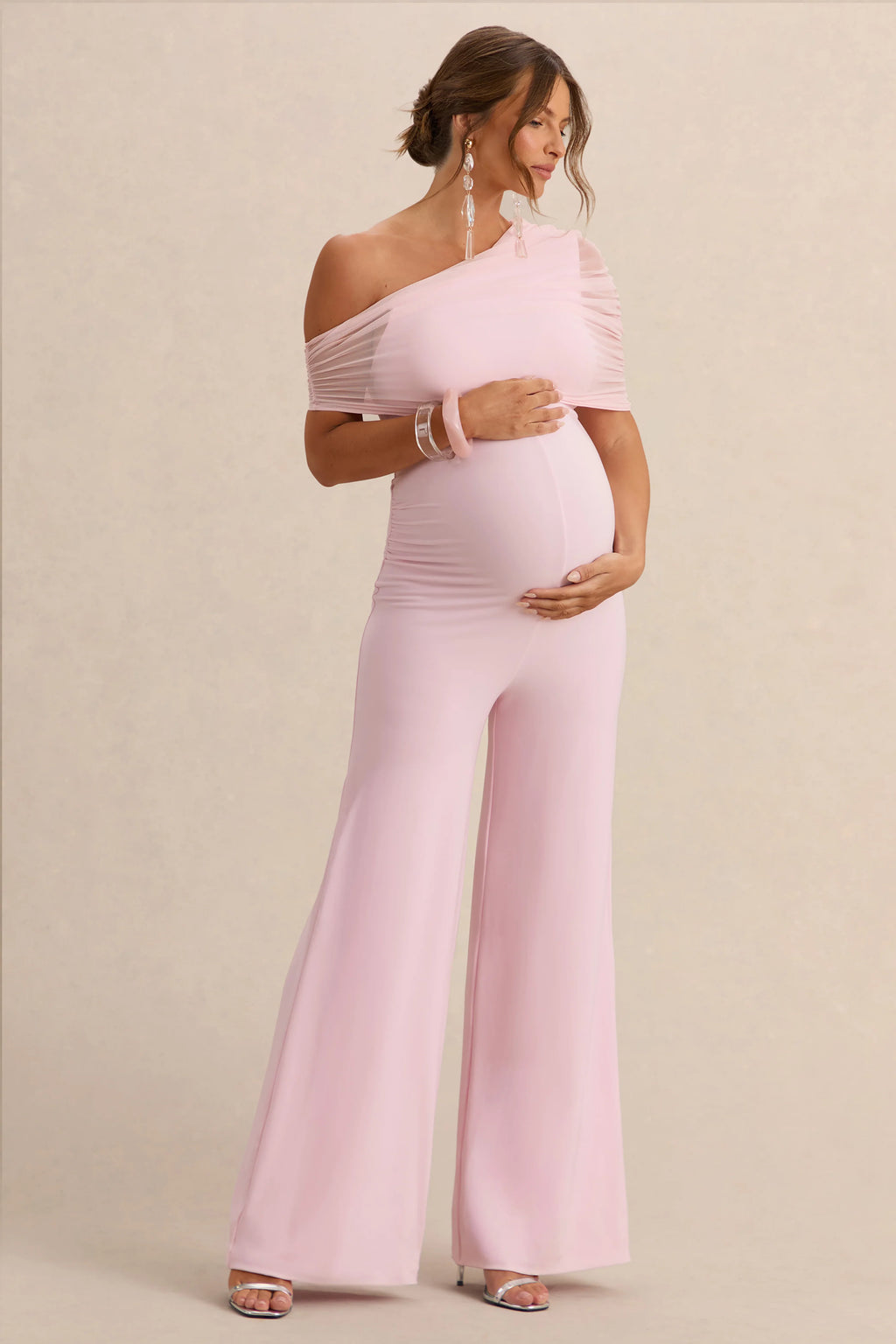 Mariska | Light Pink Asymmetric-Neck Maternity Jumpsuit With Sash Detail