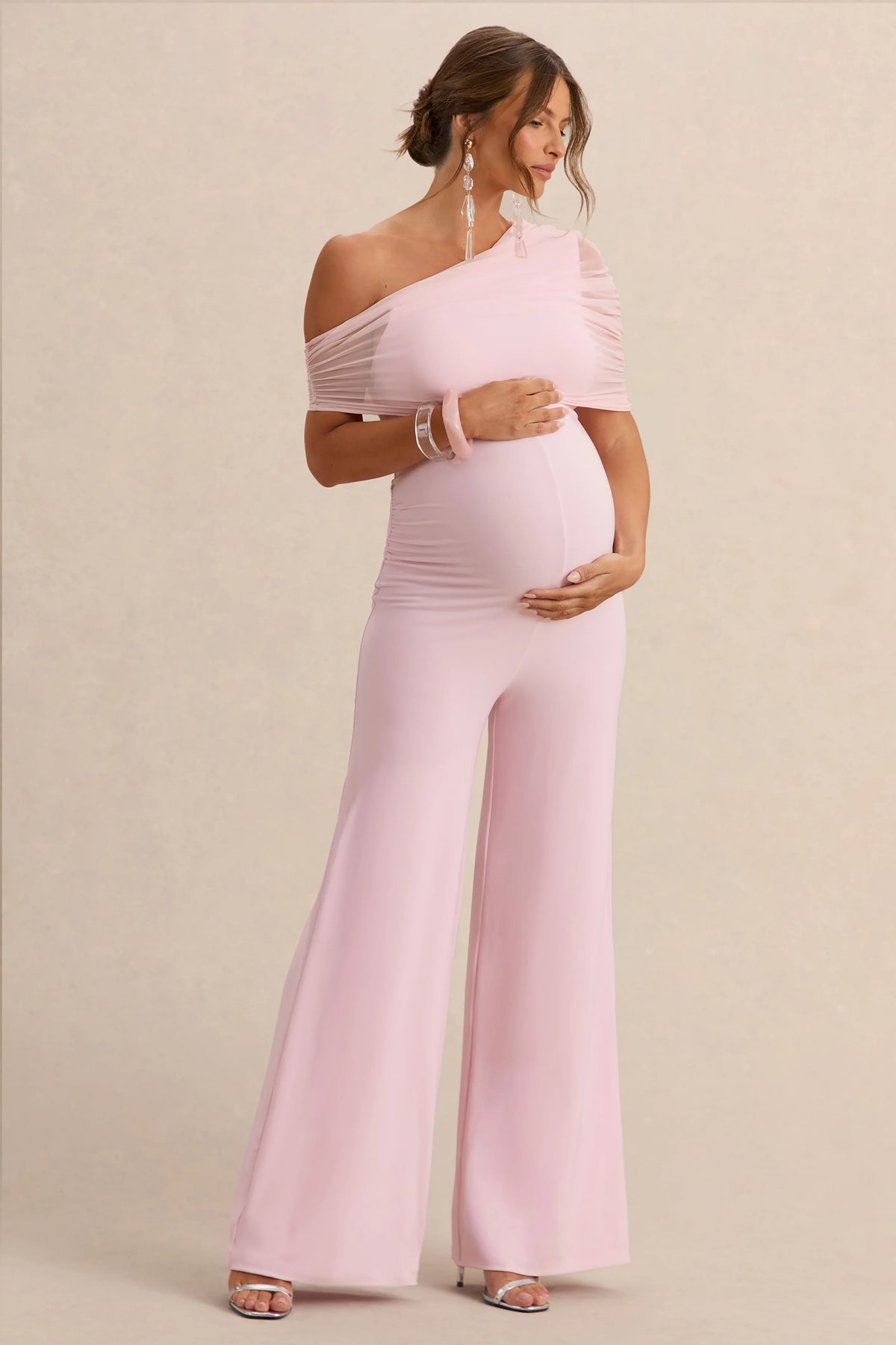 Mariska | Light Pink Asymmetric-Neck Maternity Jumpsuit With Sash Detail