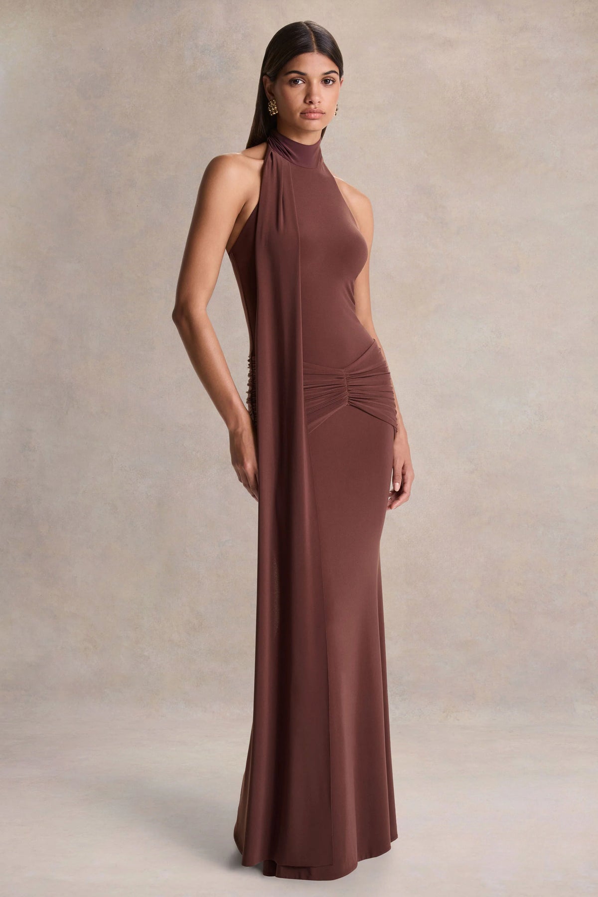Hyla | Brown High-Neck Maxi Dress With Sash-Detail