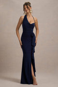 Lucena | Navy Cowl-Neck Wrap Maxi Dress With Floral Drape