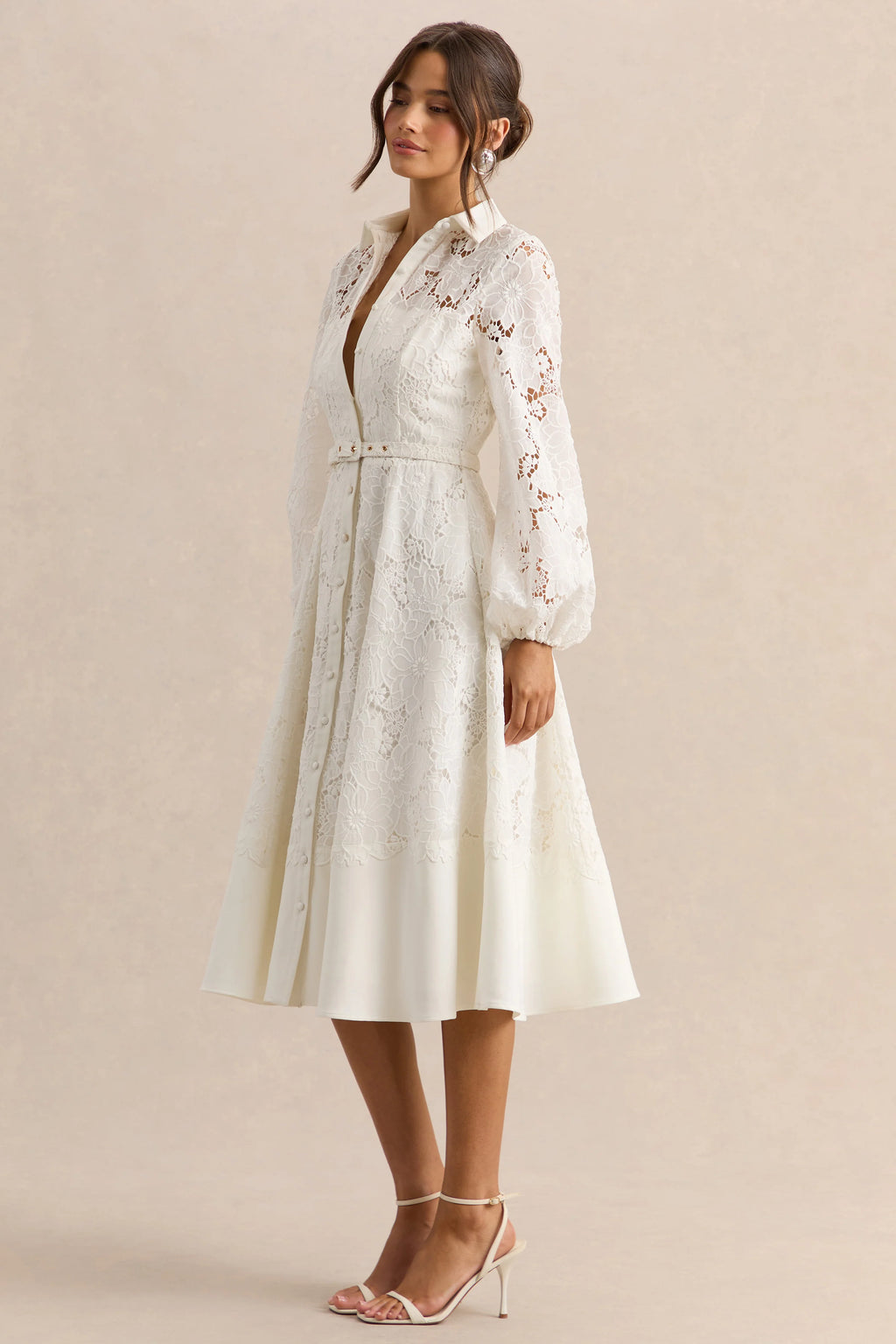 Jules | Cream Broderie High-Neck Tailored Midi Dress With Puff-Sleeves