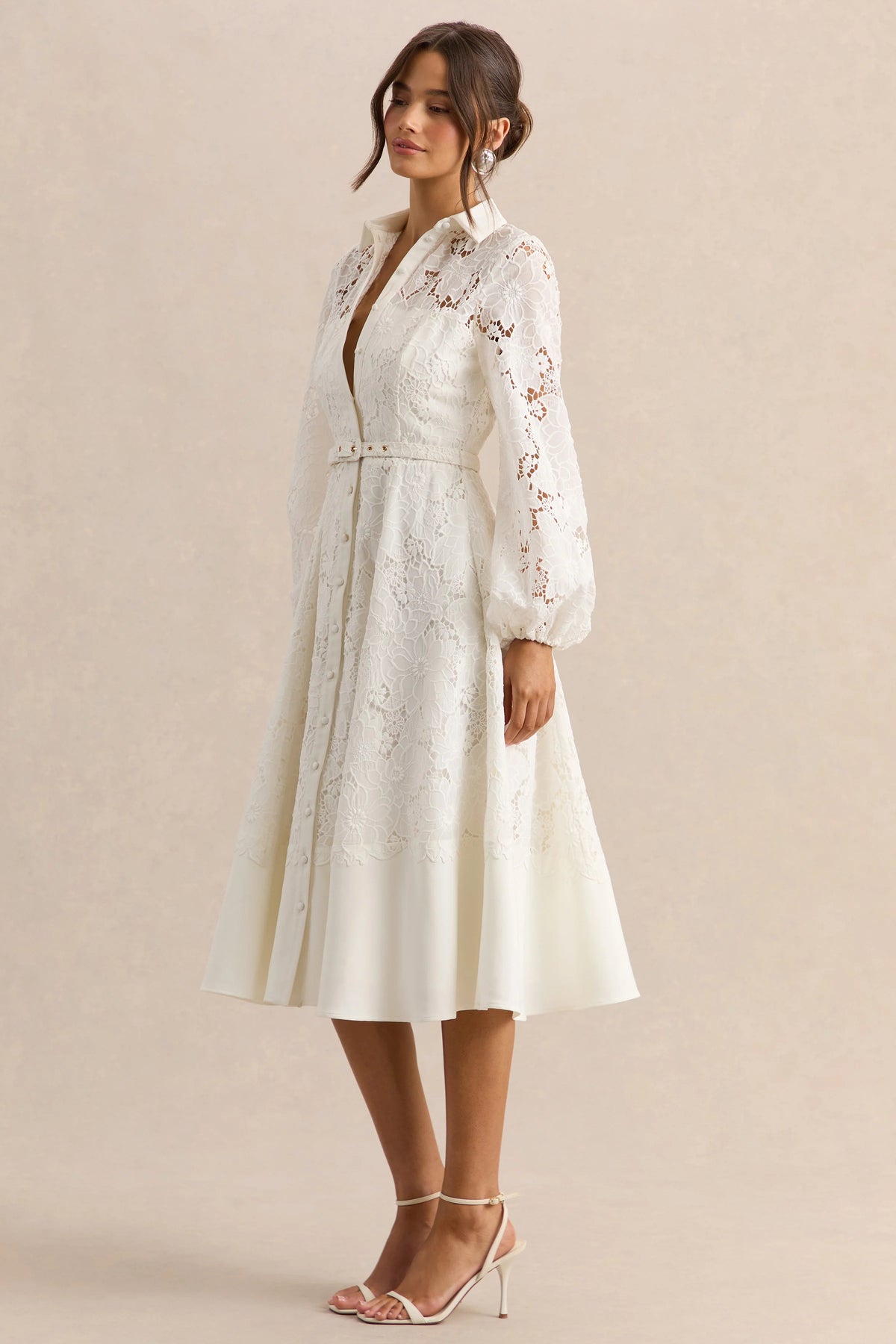 Jules | Cream Broderie High-Neck Tailored Midi Dress With Puff-Sleeves