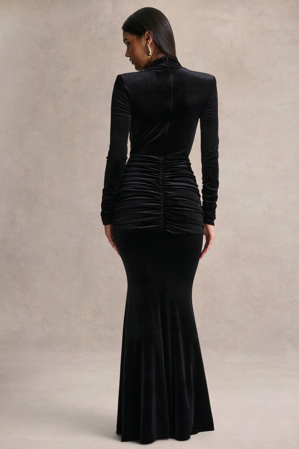 Halima | Black Velvet Plunge-Neck Maxi Dress With Gathered Detailing