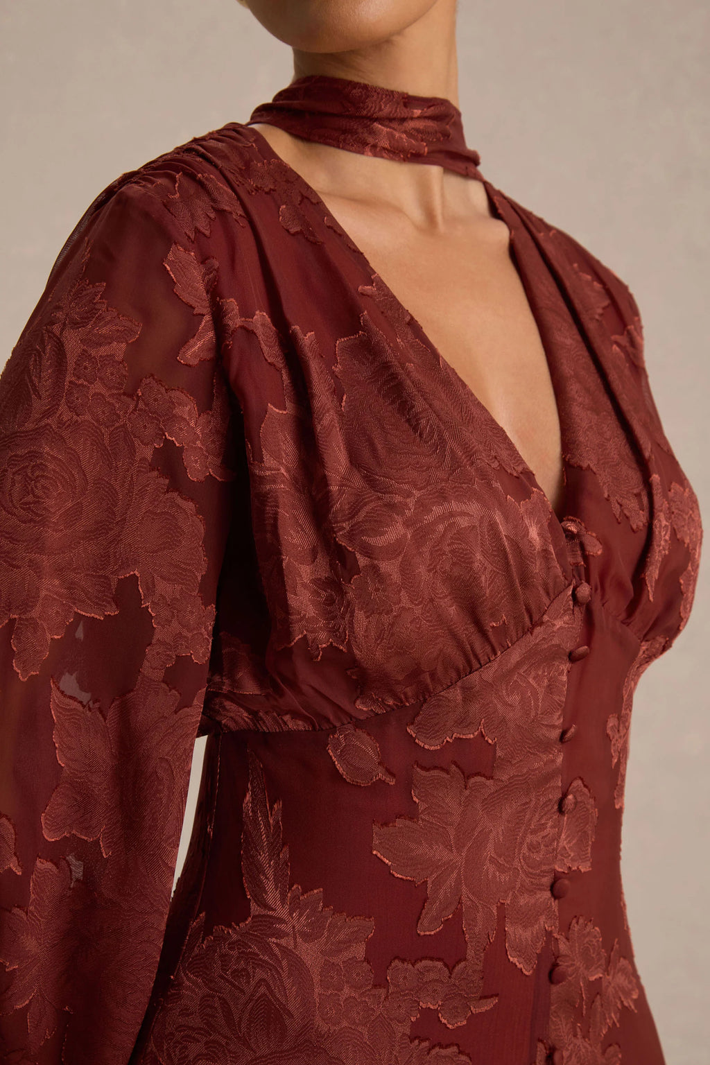 Sabina | Rust Devore Plunge-Neck Midi Dress