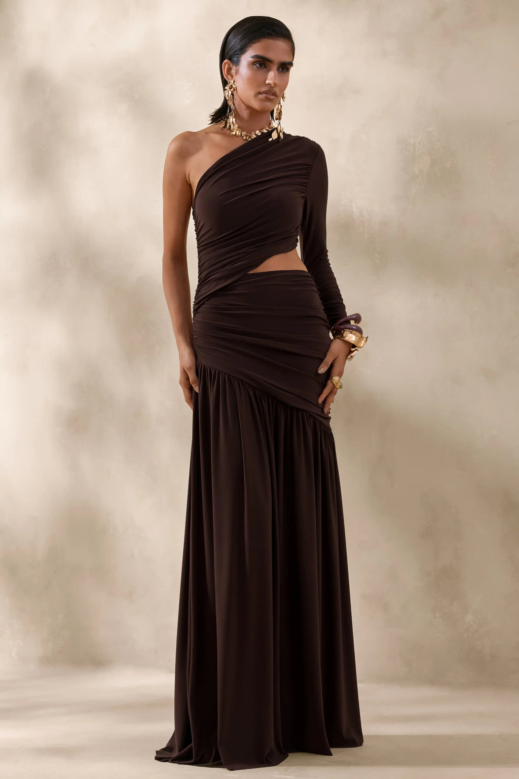 Kinsley | Brown Asymmetric-Neck Maxi Dress With Body Cut-Out Detail