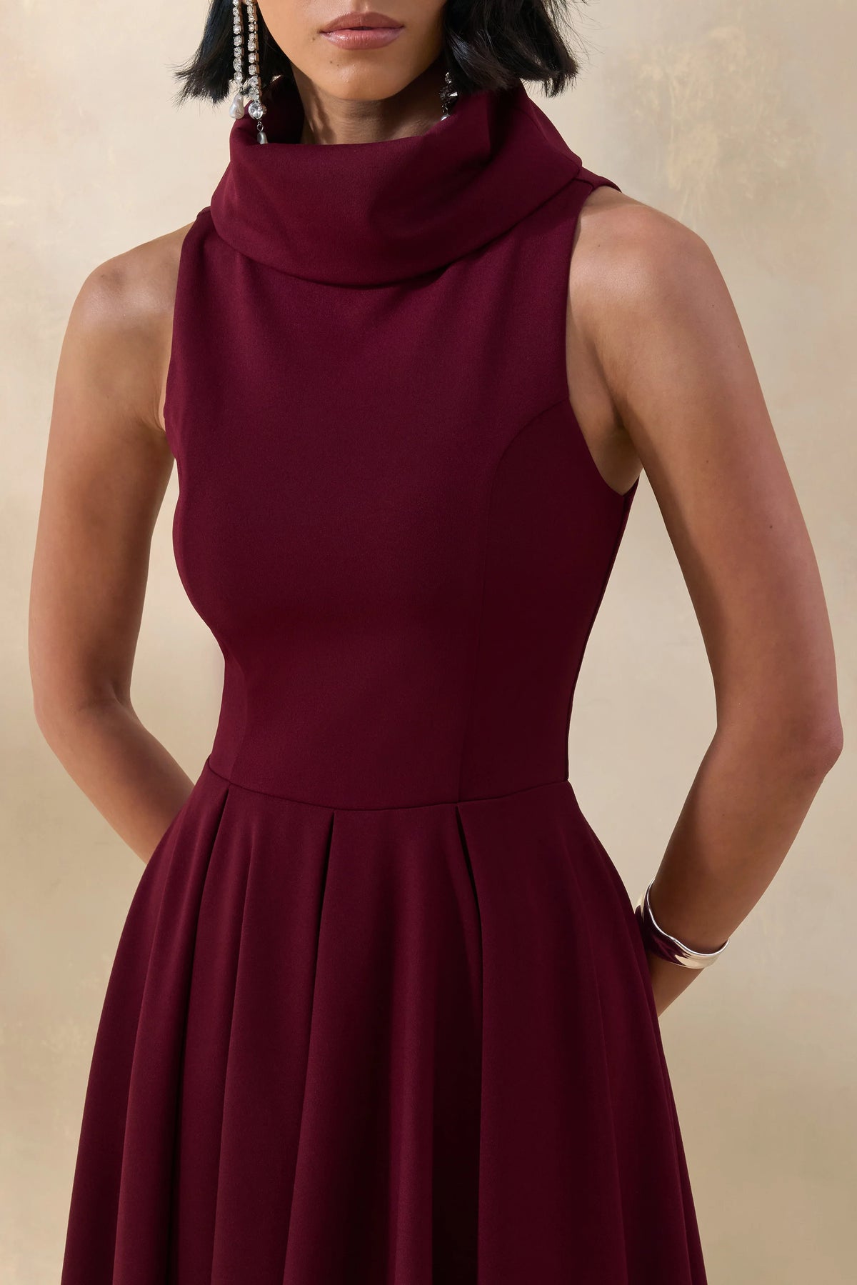 Exclusivity | Burgundy High-Neck Midi Dress